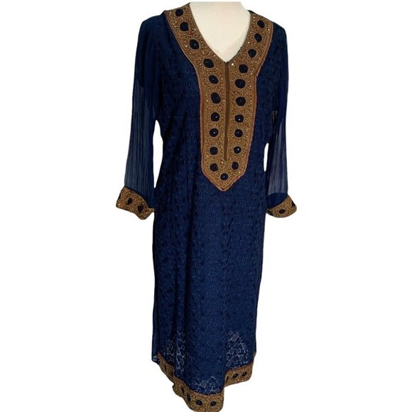 VINTAGE Handmade Brocade Ethnic Navy Dress Size S/M - Picture 3 of 10